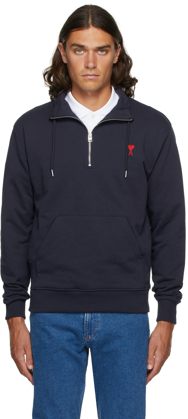 Navy Half-Zip Ami de Cœur Sweatshirt by AMI Alexandre Mattiussi on Sale