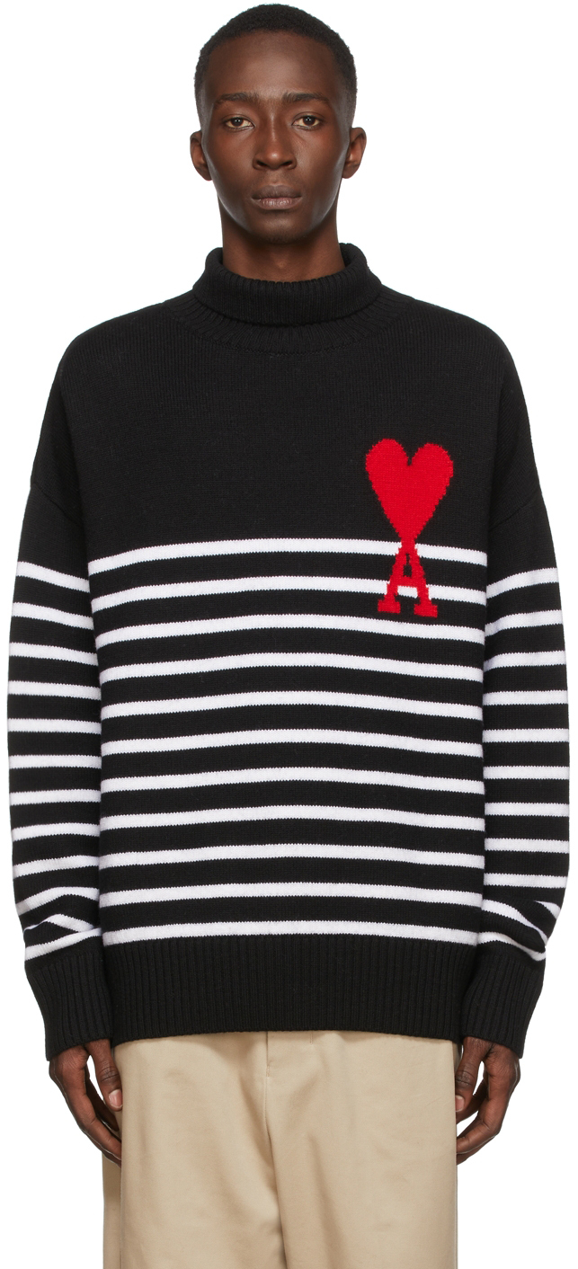 AMI Alexandre Mattiussi: Black Striped Ami de Cœur Turtleneck | SSENSE ...