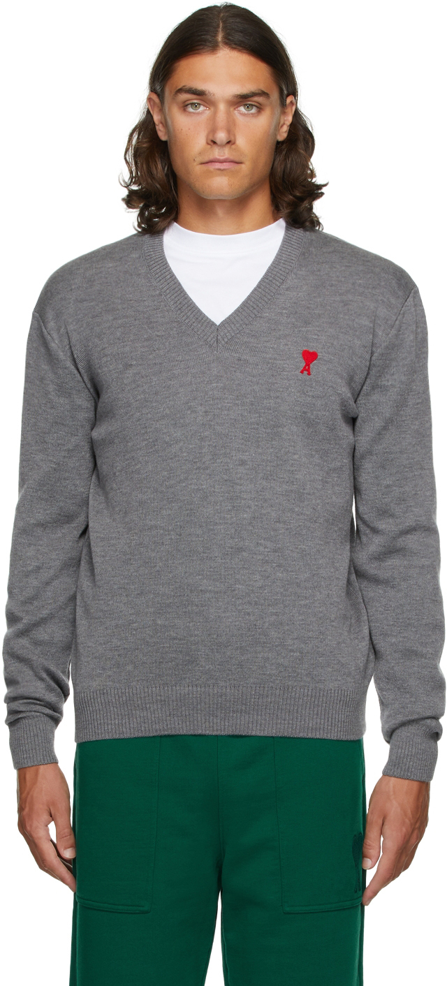 AMI Alexandre Mattiussi Grey V-Neck Ami de Cœur Sweater