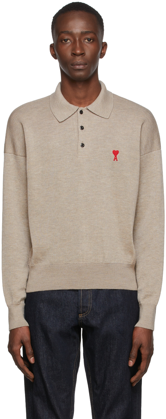 AMI Alexandre Mattiussi Beige Knit Ami de Caur Long Sleeve Polo