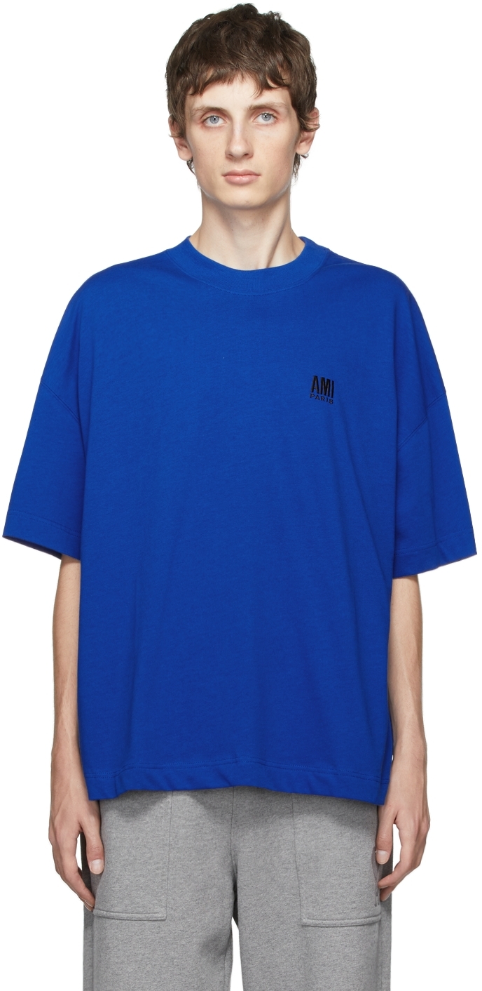 Blue Embroidered Logo Oversize T-Shirt by AMI Alexandre Mattiussi on Sale