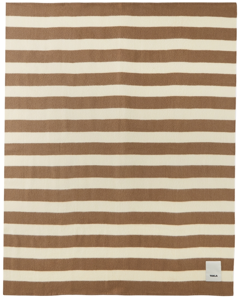 Tekla Beige & Brown Pure New Wool Blanket In Camel Stripes