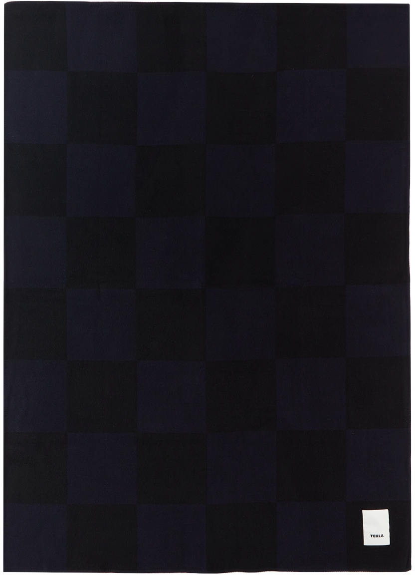 Tekla Blue & Black Cashmere Checkerboard Blanket In Blue Checkerboard