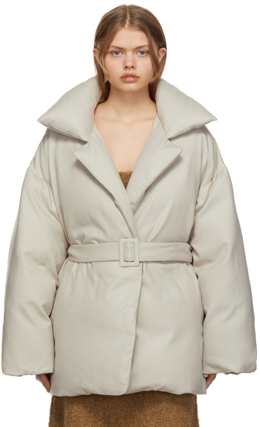 grey belted puffer coat