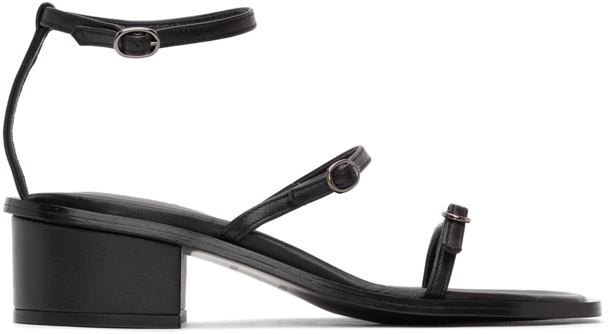 Black Leather Strappy Heeled Sandals by System on Sale