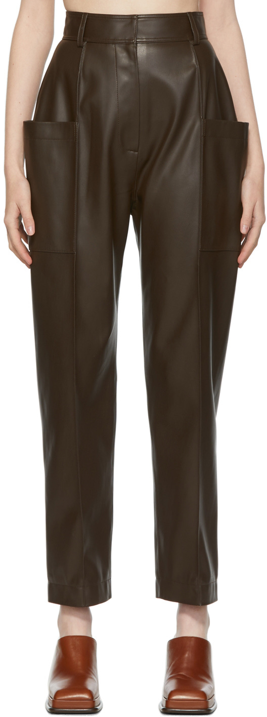 Brown Faux Leather Trousers by DRAE on Sale
