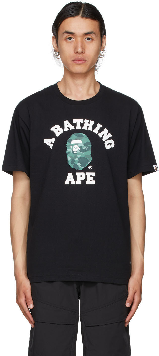 BAPE: Black & Green Color Camo College T-Shirt | SSENSE UK
