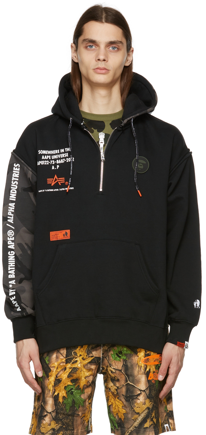Black Alpha Industries Edition Quarter-Zip Hoodie by AAPE by A 