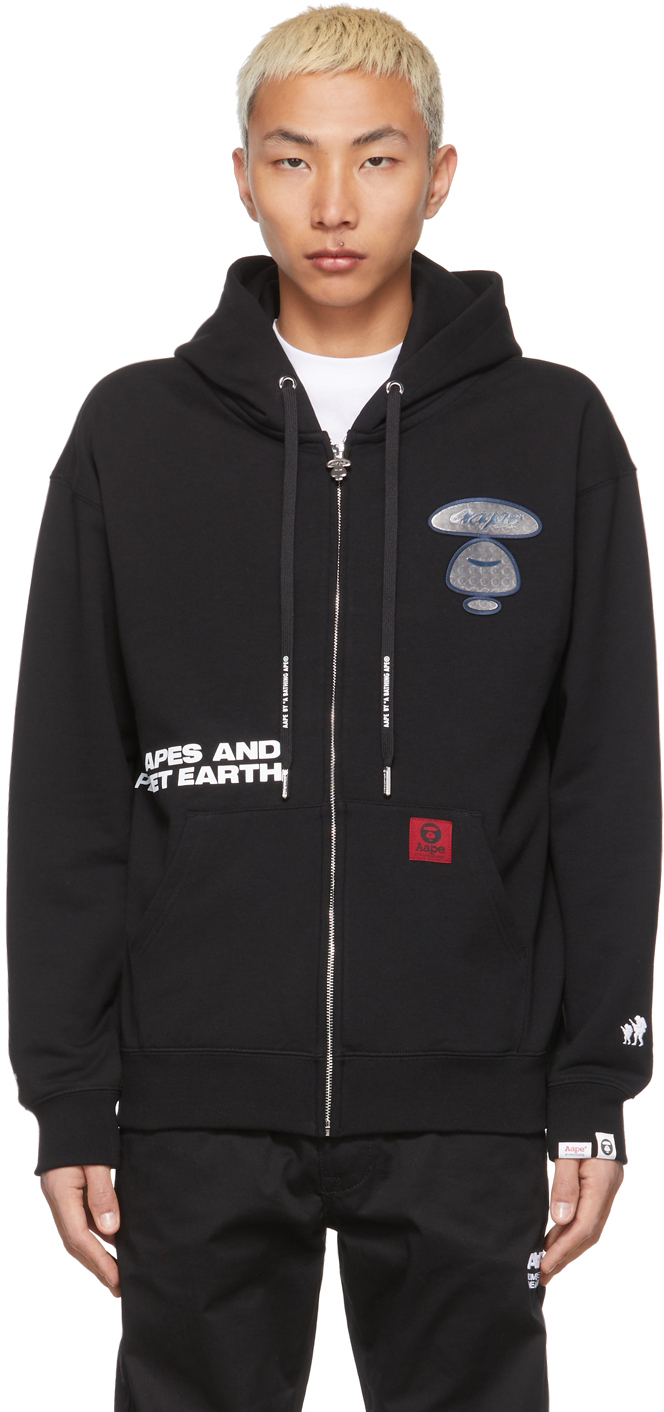 AAPE by A Bathing Ape: Black Logo Patched Zip-Up Sweater | SSENSE