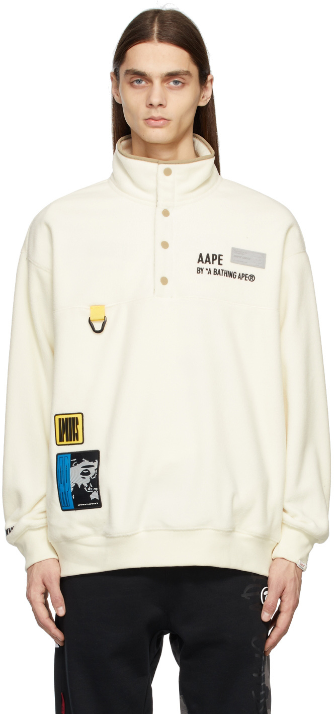 AAPE by A Bathing Ape Off White Fleece Graphic Patch Sweatshirt