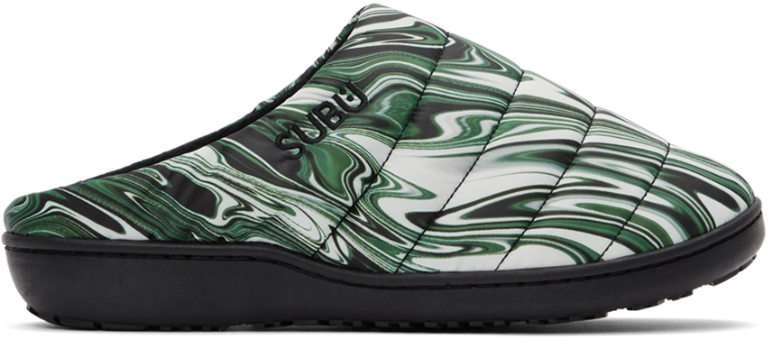 SUBU SSENSE Exclusive Green & White Quilted Suminagashi Slippers