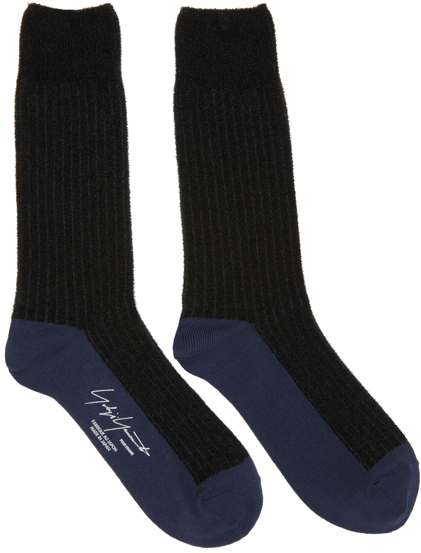 Yohji Yamamoto: Black & Blue Rib Mole Long Socks | SSENSE