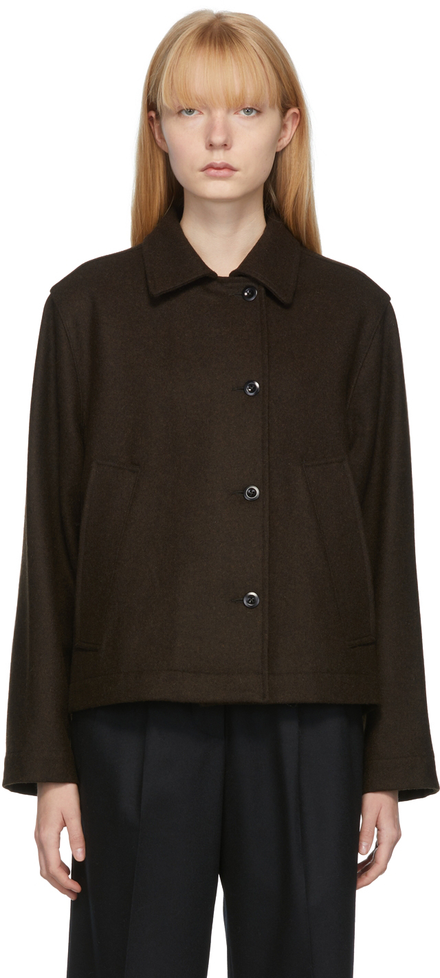 Margaret Howell: Brown Wool Asymmetric Melton Jacket | SSENSE