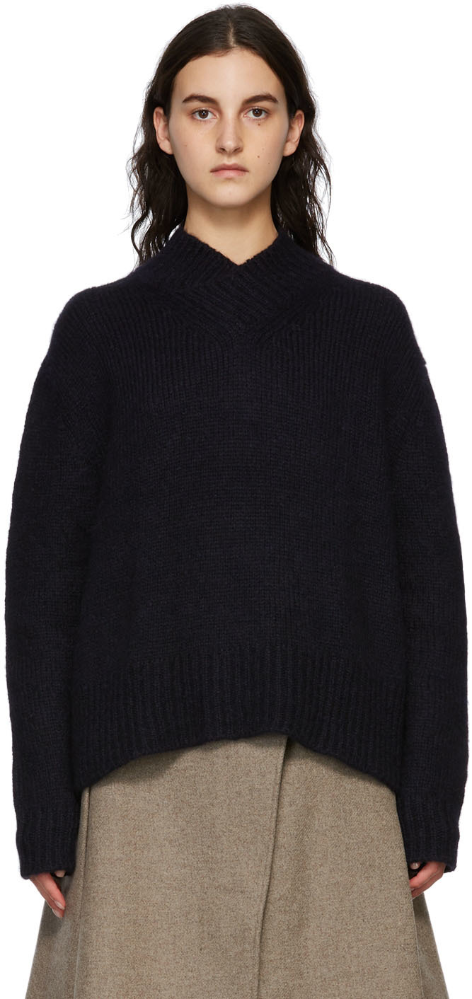 Studio Nicholson Navy Knit Alpaca Kelvin V-Neck Sweater | Smart Closet