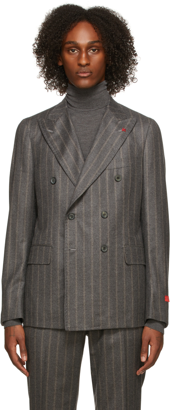 Isaia Grey Striped Double Breasted Cortina Blazer Smart Closet