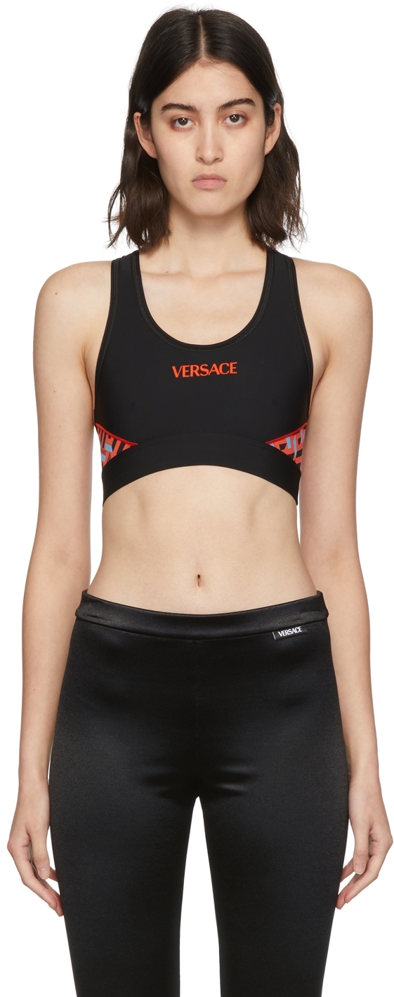 Click to view more detailed imagery on our partner's website Versace La Greca Monogram Print Sports Bra In 5b250 Black+orange