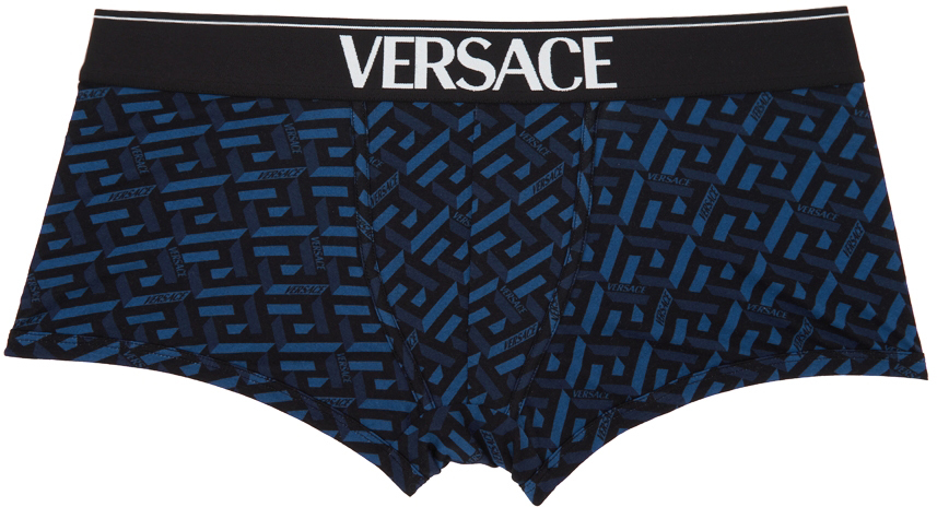 Versace Underwear: Blue Greca Print Boxer Briefs | SSENSE