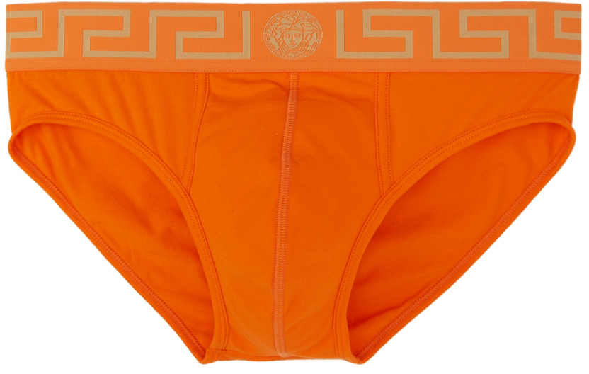 Versace Underwear Orange Greca Border Briefs