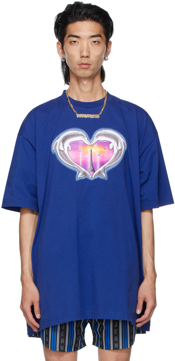 VETEMENTS: Blue Dolphins Heart Logo T-Shirt | SSENSE