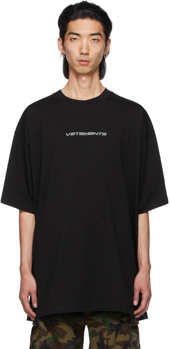 VETEMENTS: Black Logo Tape T-Shirt | SSENSE Canada