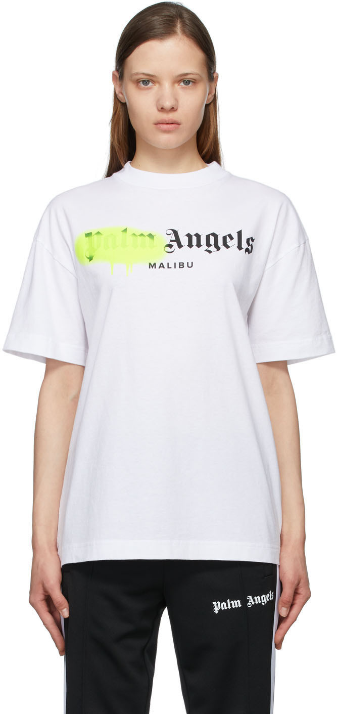 Palm Angels: White & Yellow Sprayed Logo 'Malibu' T-Shirt | SSENSE