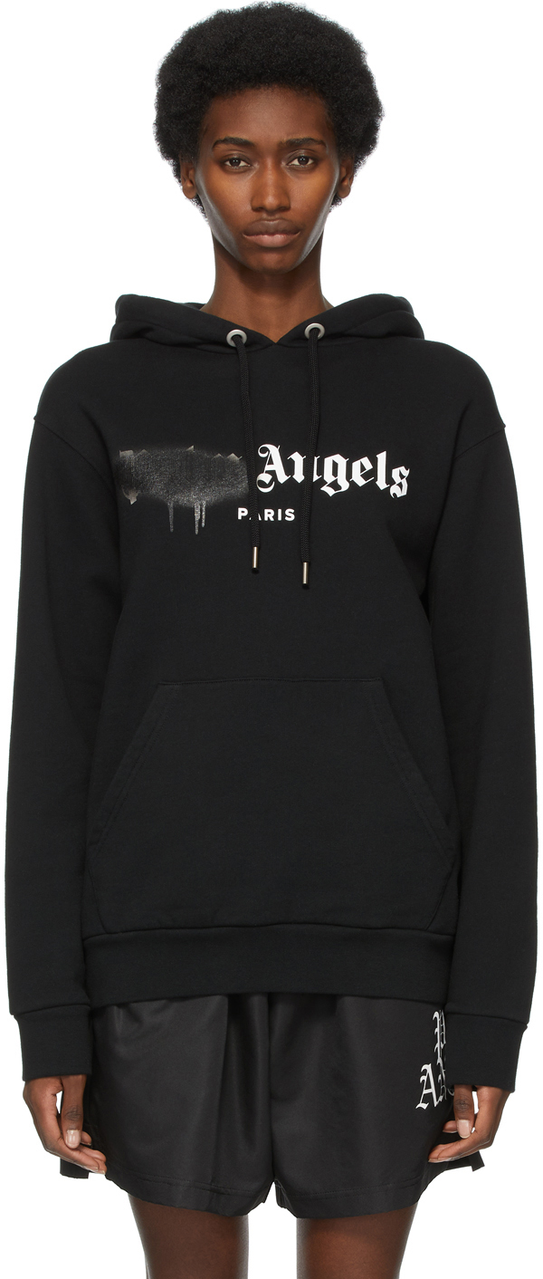 Palm Angels: Black 'Paris' Sprayed Logo Hoodie | SSENSE