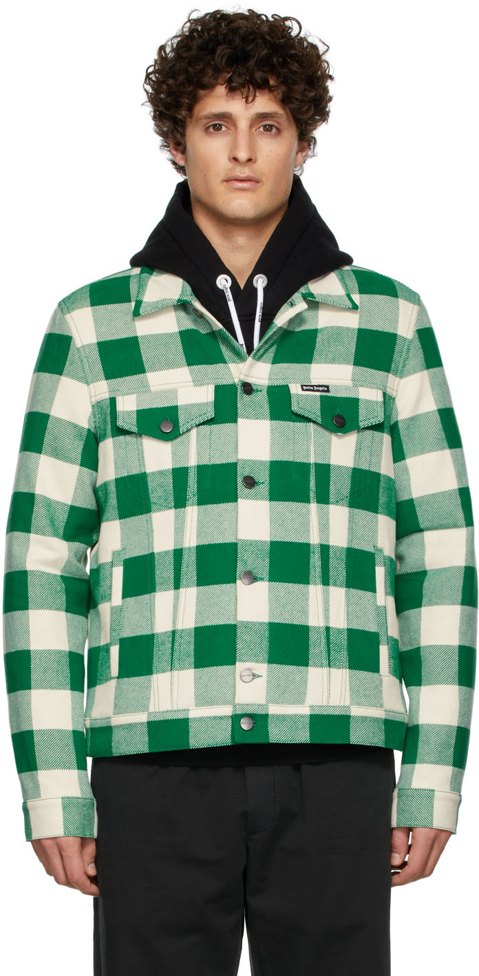 Palm Angels Green & White Check Curved Logo Trucker Jacket