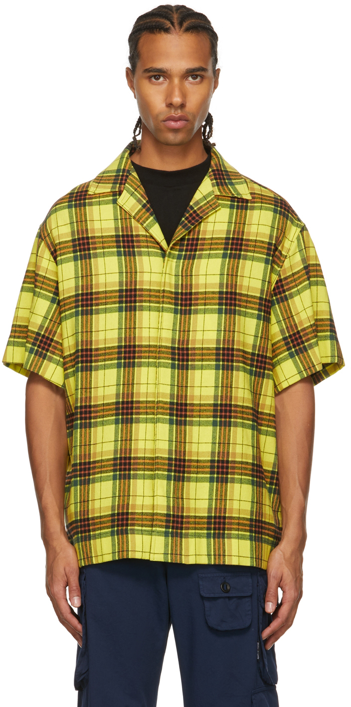 Palm Angels Yellow & Black Curved Logo Bowling Short Sleeve Shirt
