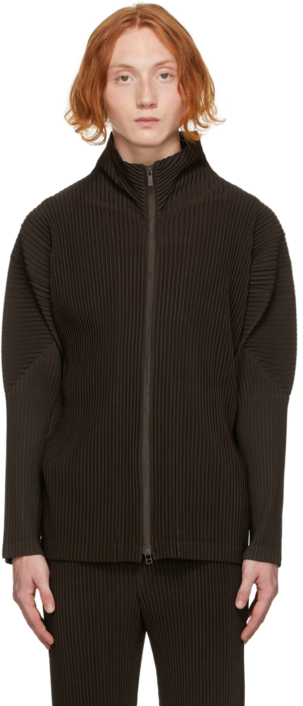 Brown Color Pleats Zip-Up Jacket by Homme Plissé Issey Miyake on Sale