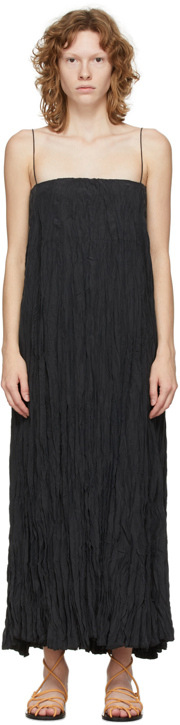 Totême Black Silk Crinkled Slip Dress 
