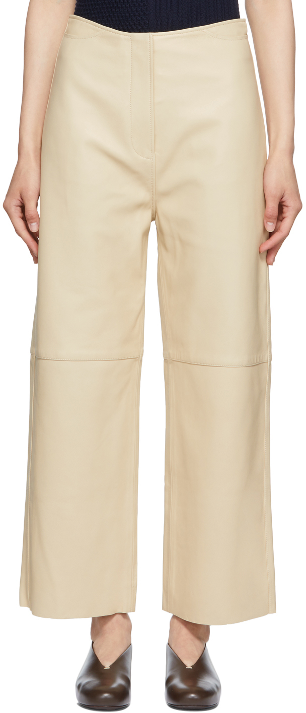 Beige Leather Wide Trousers by TOTEME on Sale