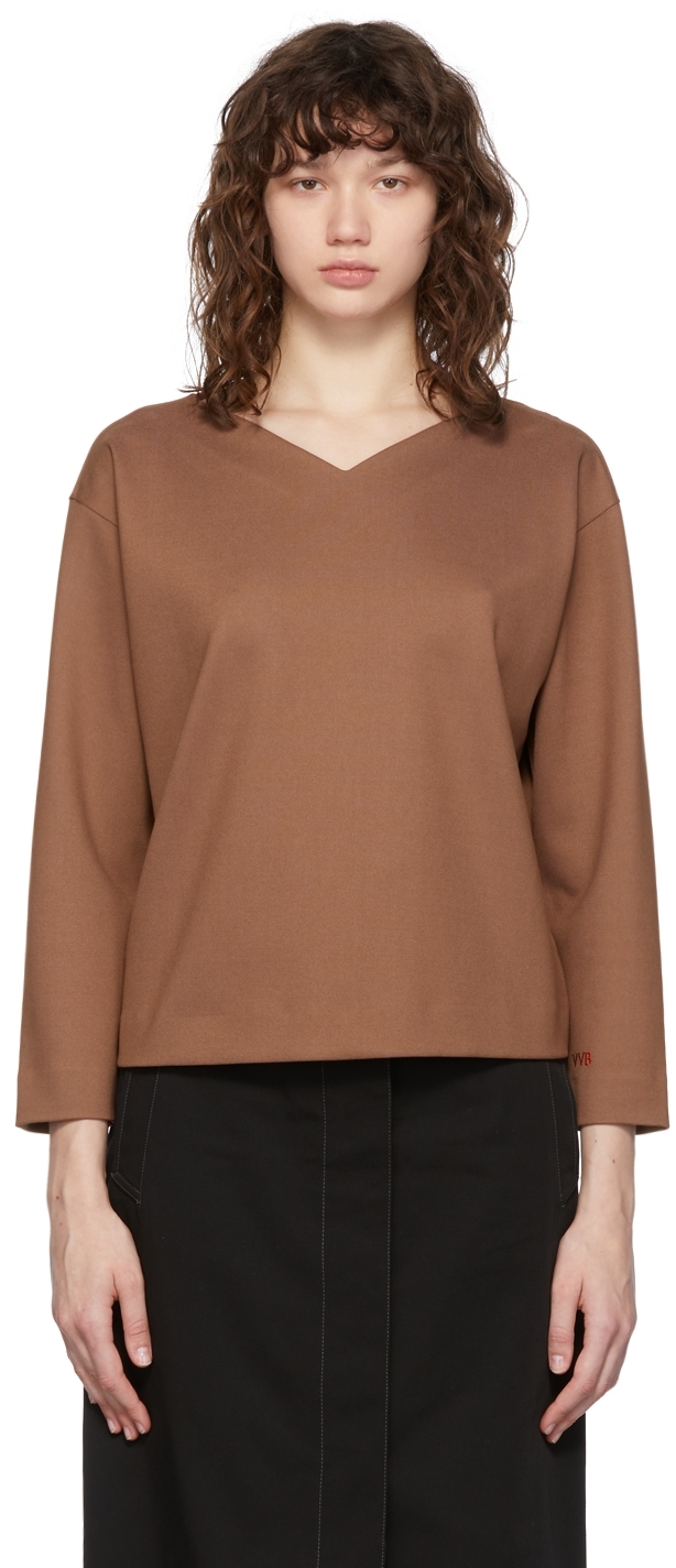 Brown Cropped V-Neck Sweatshirt