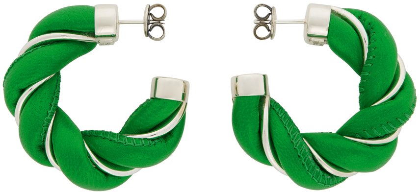 Bottega Veneta Green & Silver Leather Twist Hoop Earrings