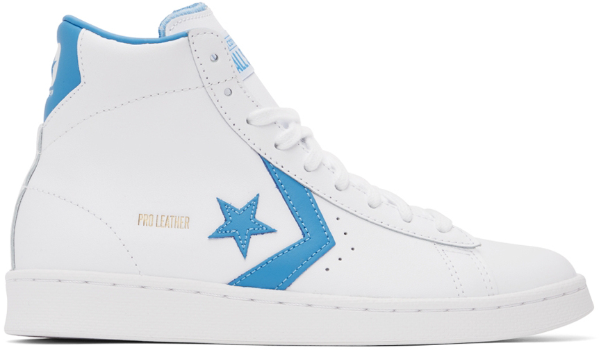 Converse White & Blue 'Pro Leather' High Sneakers