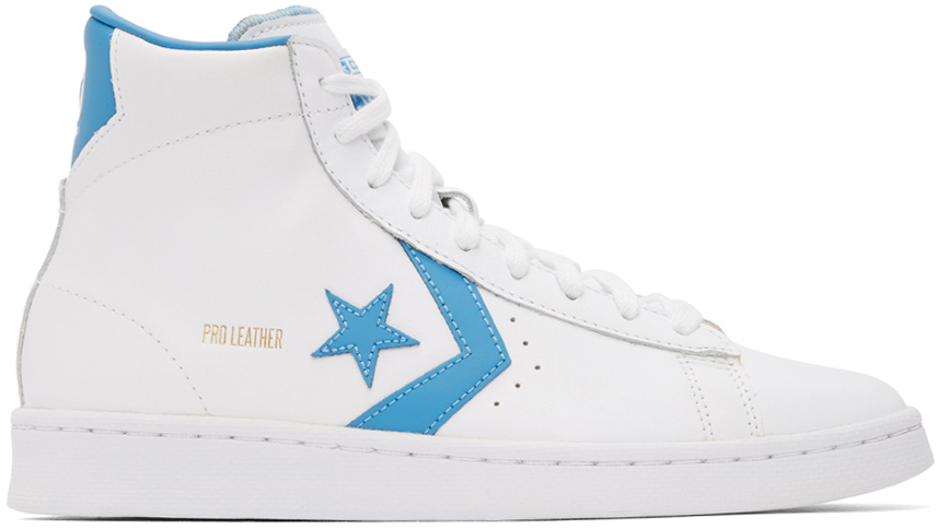 White & Blue Pro Leather High Sneakers by Converse on Sale