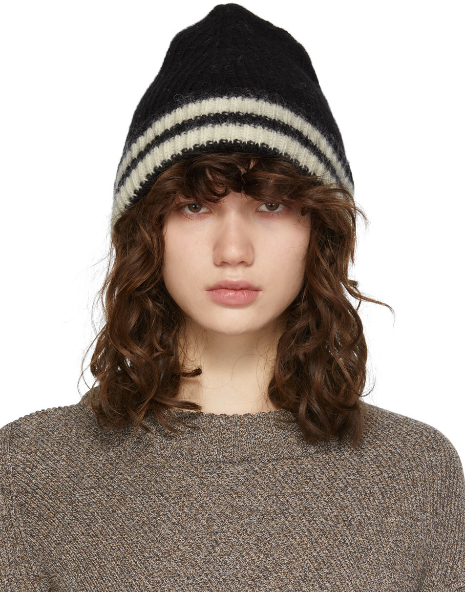 Black Wool Knit Stripe Beanie