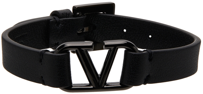 Valentino Garavani Black Leather VLogo Bracelet