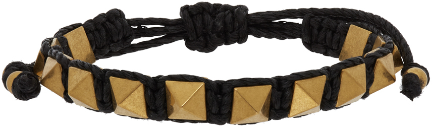 Black Waxed Cotton Rockstud Bracelet