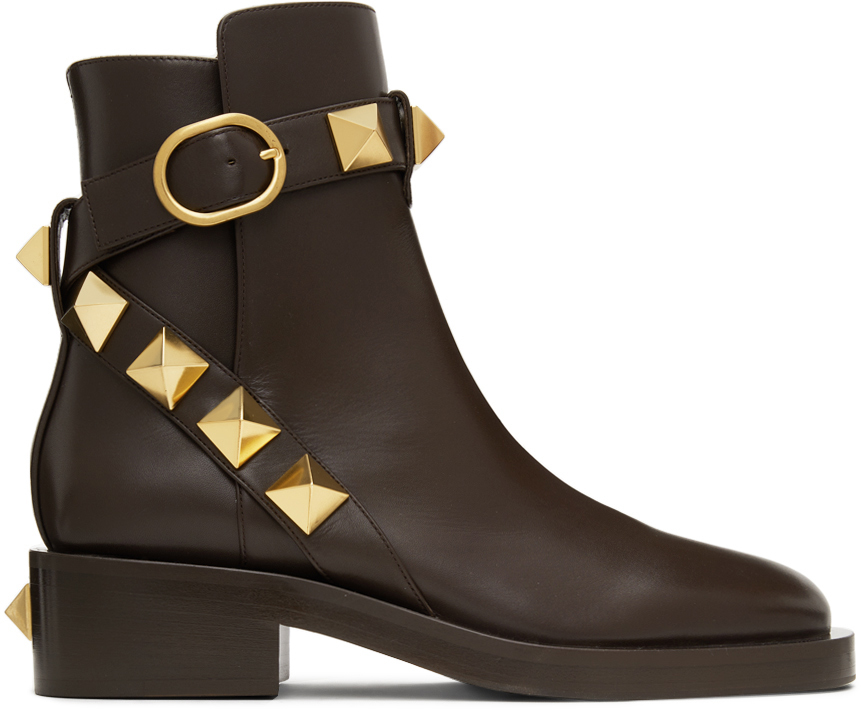 Leather Roman Stud Ankle Boots