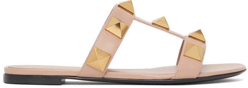 Pink Roman Stud Flat Slide Sandals