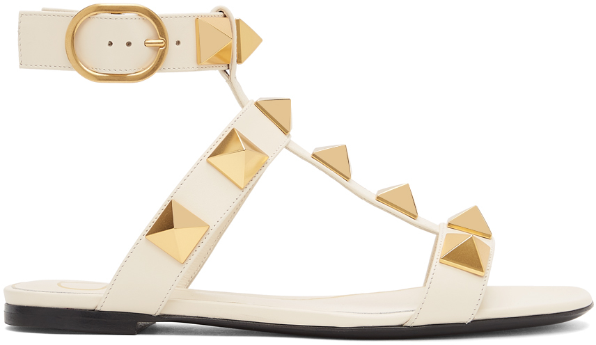 Valentino Garavani White Leather Roman Stud Flat Sandals