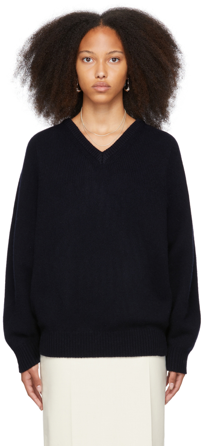 Nothing Written: Navy Alpaca Pound V-Neck Sweater | SSENSE Canada