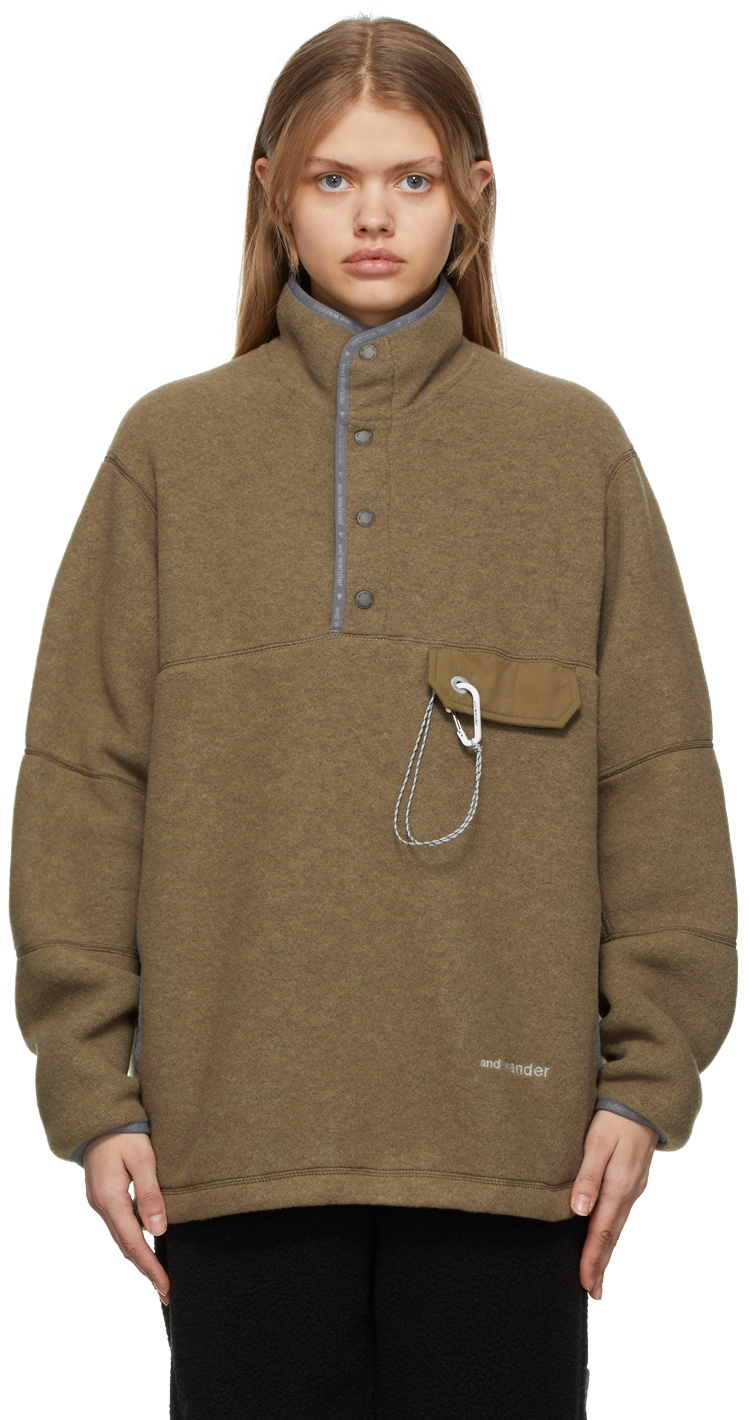 and wander: Khaki Wool Fleece Pullover Jacket | SSENSE