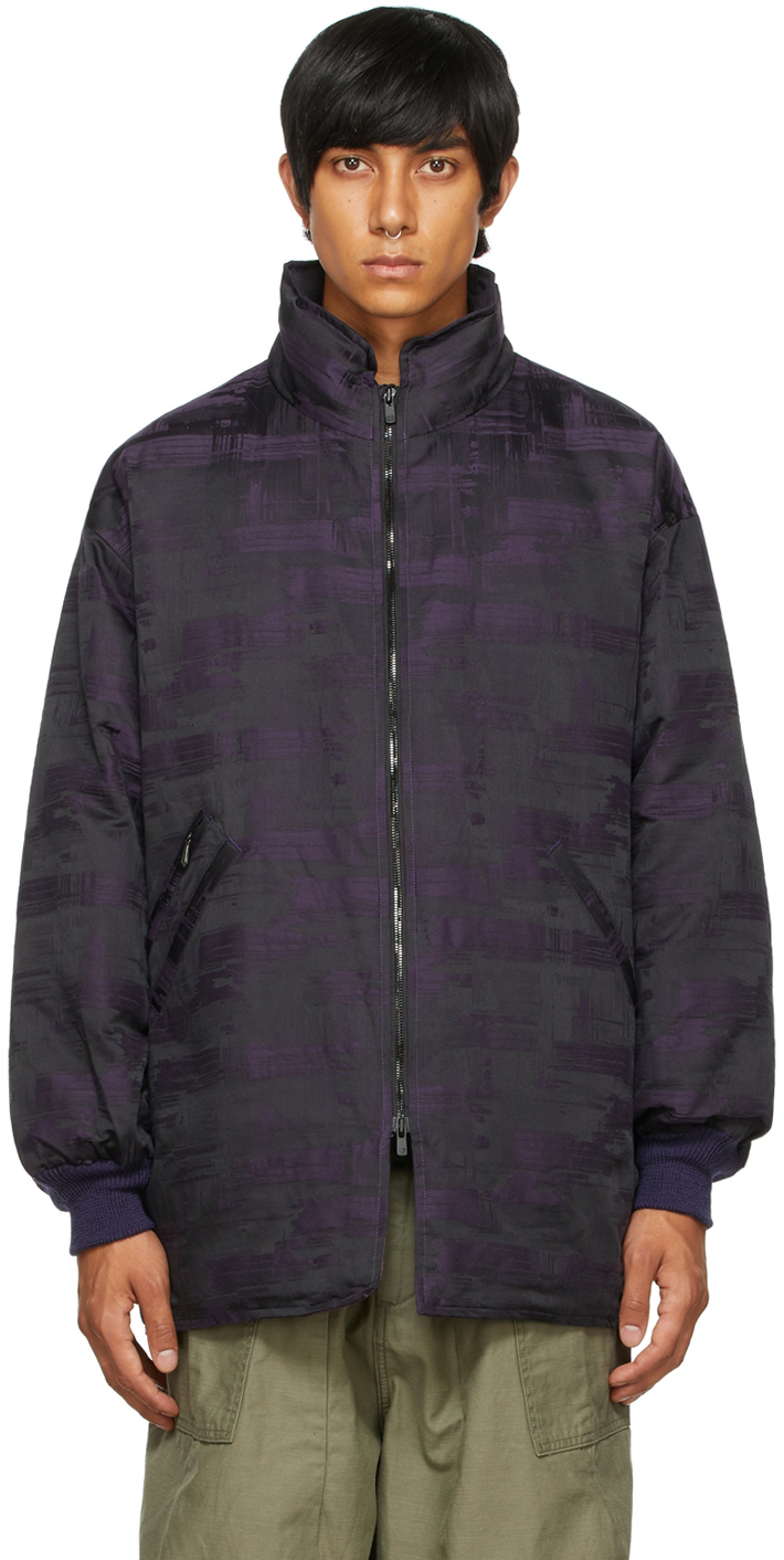 NEEDLES: Black & Purple Down Abstract Jacquard Sur Coat | SSENSE