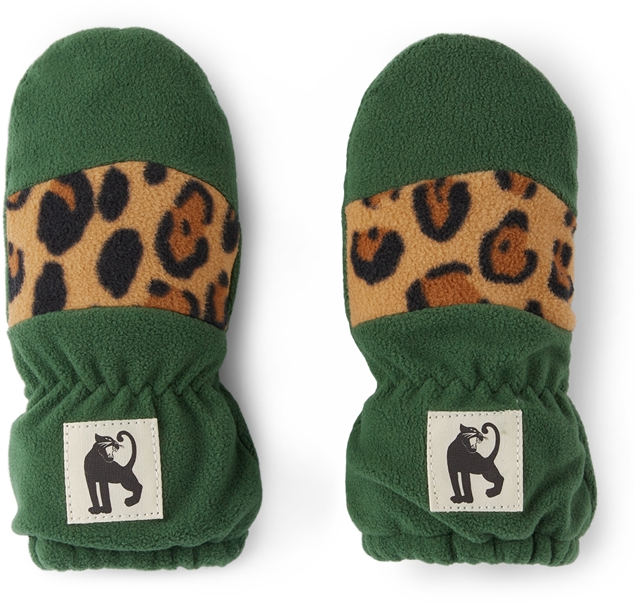 Mini Rodini Babies' Kids Green Stripe Fleece Leopard Gloves