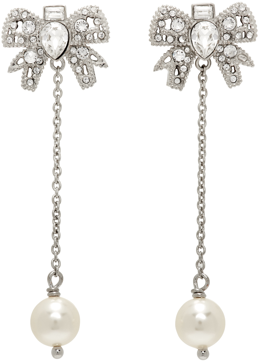 Miu Miu: Off-white & Silver Crystal Bow Earrings 