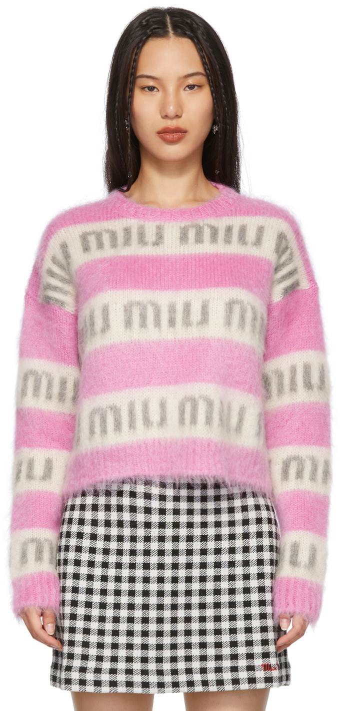 Miu Miu: Pink & White Mohair Logo Sweater | SSENSE Canada