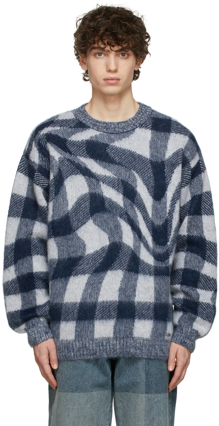 White & Blue Check Crewneck Sweater by 032c on Sale