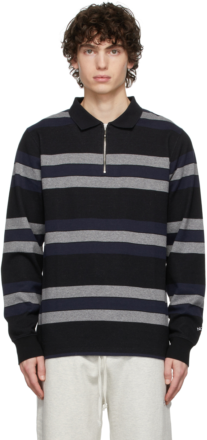 Noah: Black & Navy Long Sleeve Striped Zip Polo | SSENSE UK