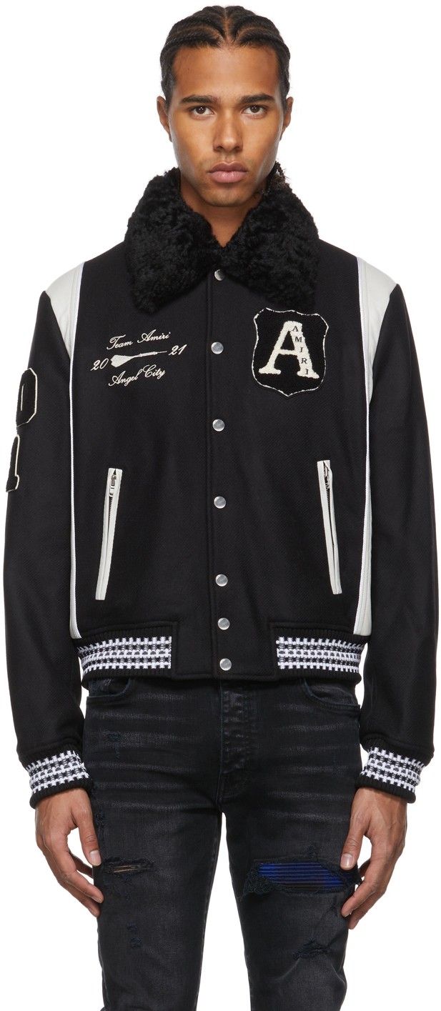 black varsity bomber jacket